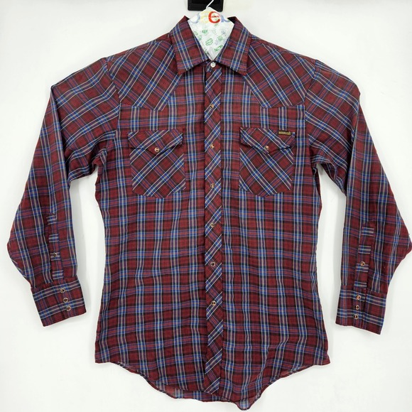 Roebucks Shirt Mens 15 15.5 Pearl Snap Western Long Sleeve Rodeo Plaid Red - Picture 1 of 10